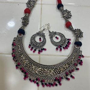 Oxidized finish choker necklace with earring- New